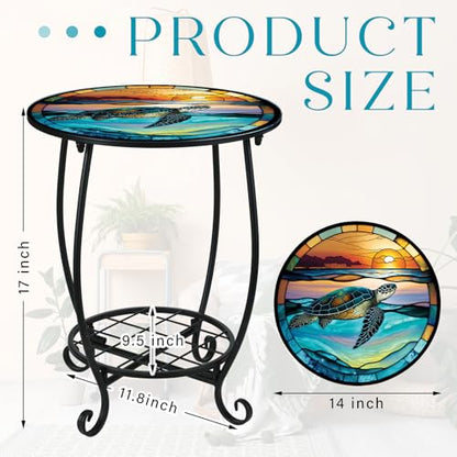 Cinnvoice Outdoor Side Table Round Small Mosaic Patio Accent Indoor End Plant Coffee Tea Table for Yard Patio Porch Garden Living Room, Bedroom(Turtle Style,14 Inch) - size: 14 Inch, style: Turtle Style