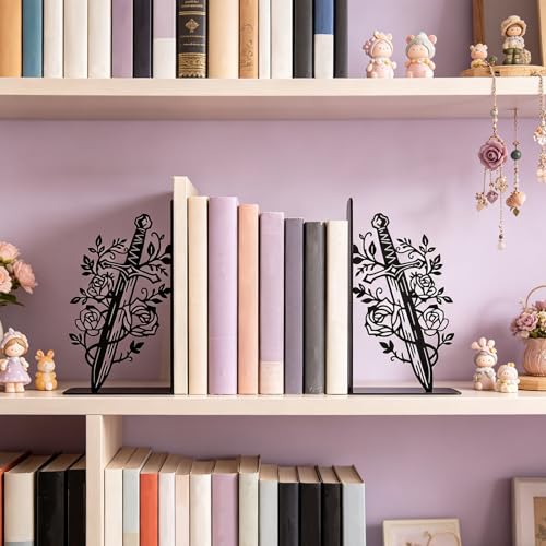 Metal Bookends Flower & Dagger Bookends Decorative Cute Book Ends for Shelves Unique Book Ends for Book Lovers Gift Reading Decor Bookshelf Decor - style: Flower & Dagger