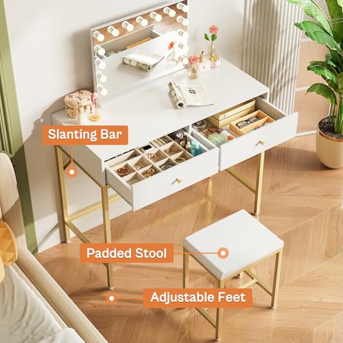 SUPERJARE 31.5" White and Gold Desk with 2 Drawers, Modern Makeup Vanity | Vanity with Padded Stool, Small Computer Desk Home Office Desk for Writing Study Bedroom - color: Gold and White, size: 31.5 inch