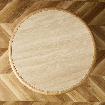35.43'' Round Coffee Table with Sintered Stone Tabletop for Living Room, Modern Circle Wood Pedestal Coffee Table with Brushed Stainless Steel, Easy Assembly, Natural - color: Ø35.43'' -Natural