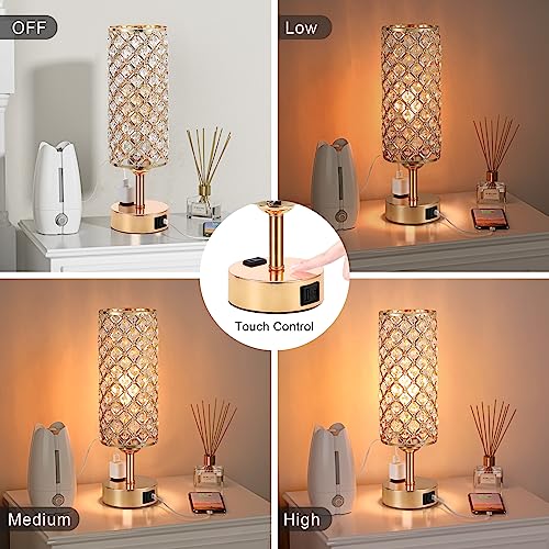 Hong-in Gold Lamps Set of 2, Dimmable Gold Lamps for Nightstand with USB-C+A & AC Charging Ports, 3-Way USB Crystal Lamp, Bedside Desk Light for Bedroom Living Room Home Office(Bulb Included) - color: Gold