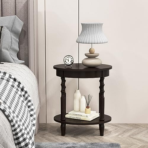 GOFLAME 2-Tier Oval End Table Set of 2, Sofa Side Table with Storage Shelf, Solid Wood Legs, Modern Accent Table, Compact Nightstand for Living Room, Bedroom, Small Space, Espresso - color: Espresso