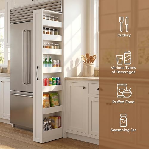 7-Tier Slim Mobile Shelving Cart with Wheels, Rolling Pantry with 7 Baskets, Narrow Pull-Out Utility Cart, Space Saving Storage Organizer Carts for Kitchen Living Room Bathroom Narrow Spaces, White - size: White & 7.87"D x 15.75"W x 70.75"H