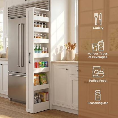 7-Tier Slim Mobile Shelving Cart with Wheels, Rolling Pantry with 7 Baskets, Narrow Pull-Out Utility Cart, Space Saving Storage Organizer Carts for Kitchen Living Room Bathroom Narrow Spaces, White - size: White & 7.87"D x 15.75"W x 70.75"H