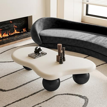 47.2” Cloud Coffee Table with 3 Ball Legs, Modern Irregular Center Table for Living Room, Low Cute Small MDF Tea Table for Bedroom, Space Apartment-White Black - color: Cloud-47" White Black