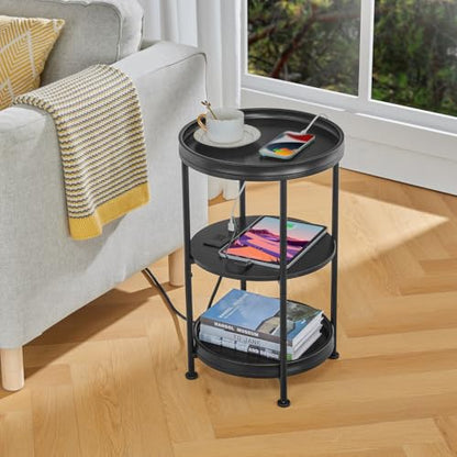 Dulcii Round Side Table with Charging Station, 24'' End Table with 3 Shelves for Living Room, Bedroom Nightstand with Steel Frame for Small Spaces, Industrial Round Sofa Table (USB+Black) - color: Black, style: With Outlets