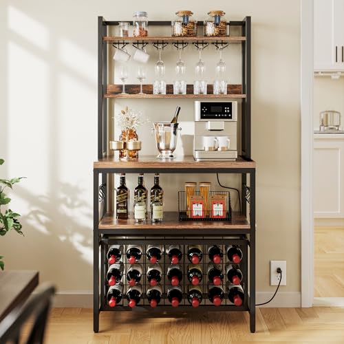 YITAHOME Kitchen Microwave Bakers Stand 31 Inches Wine Rack Free Standing Small w Storage for Liquor Glasses Power Outlet Tall Farmhouse Utility Shelf Pantry Dining Room Coffee Bar Hutch, Rustic Brown | 5-Tier Storage, Wine Rack, Glass Holders, Power Outl