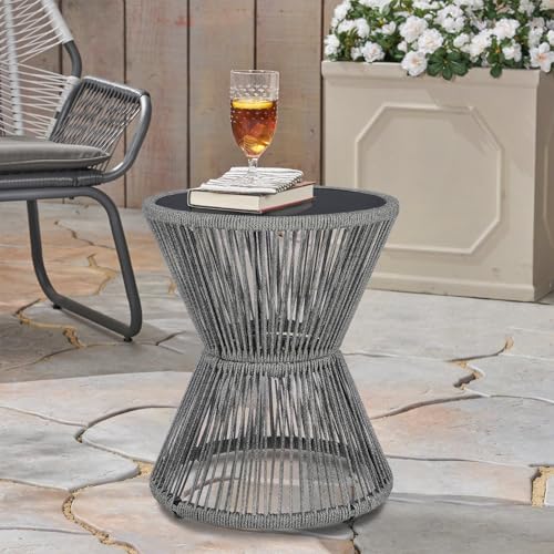 SUNNYPARK Small Outdoor Side End Table Modern Hourglass Style 20" H | Tempered Glass Top, Hand-Woven Rope, Easy Assembly, All Weather, Round Accent Table for Coffee Patio Balcony Poolside - color: Grey