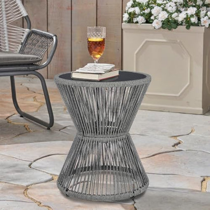 SUNNYPARK Small Outdoor Side End Table Modern Hourglass Style 20" H | Tempered Glass Top, Hand-Woven Rope, Easy Assembly, All Weather, Round Accent Table for Coffee Patio Balcony Poolside - color: Grey