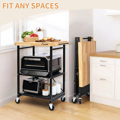 PLKOW Foldable Kitchen Cart with Solild Oak Wood Top, Rolling Kitchen Island on Wheels, 3-Tier Storage Utility Cart for Microwave, Toaster Oven, Small Spaces - color: Black
