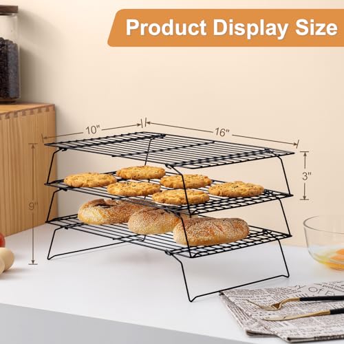 Cooling Rack for Baking 3 Tiers, 16" x 10" Cookie Cooling Wire Rack Stackable Collapsible Nonstick, Stainless Steel Baking Cooking Cooling Racks with Optimum Air Flow, Black - color: Black, size: 16"x10"-3Tier