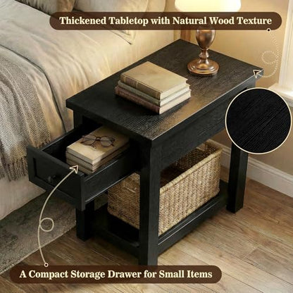 Armocity Narrow End Table Set of 2 with Charging Station - Farmhouse Side Tables with Drawers, 14" Wood Nightstands Set of 2 for Bedroom Living Room, Slim Couch Bedside Table Small Spaces, Black - color: Black, size: 2 Pack