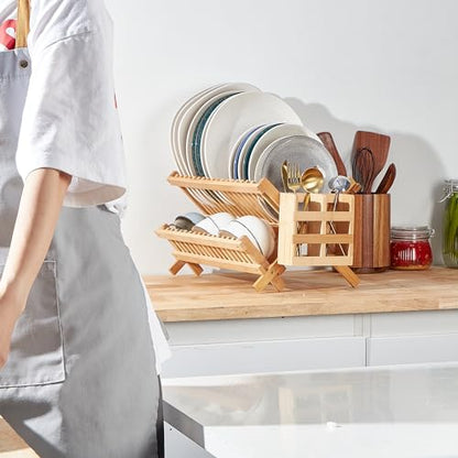 NOVAYEAH Bamboo Dish Drying Rack-2 Tier, Collapsible Small Dish Rack with Utensil Holder, Wooden Drying Rack for Kitchen Counter, Apartment Essentials Kitchen Plate Holder Organization 34 pcs Grid - color: 2-tier (Bamboo)