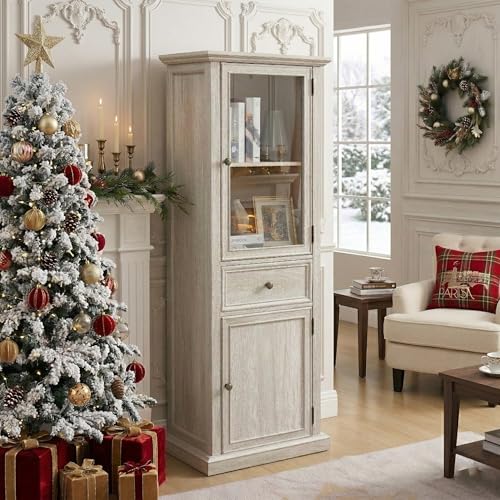 65" Tall Bookcase with Tempered Glass Door, Elegant Freestanding Display Cabinet with Drawer, Modern Wooden Kitchen Pantry Storage Cabinets for Living Room/Office(White) - color: White & 24 X 65