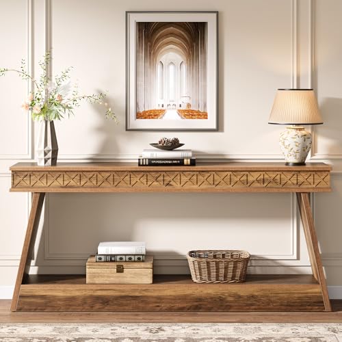 Tribesigns 70.9 Inch Long Console Table for Entryway, 2-Tier Farmhouse Entryway Table with Storage, Narrow Sofa Table Behind the Couch, Wood Accent Table for Hallway, Living Room, Foyer, Rustic Brown - color: Rustic Brown
