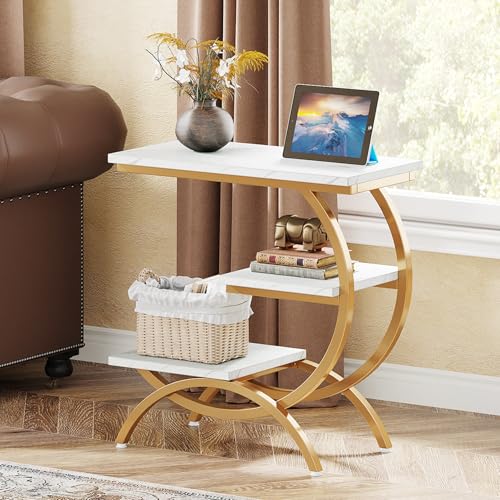 Tribesigns C-Shaped End Table Set of 2, Industrial 3-Tier Small Side Table for Couch, Wood Bedside Table Snack Side Table with Storage Shelves for Living Room Small Space, White Gold - color: White Gold