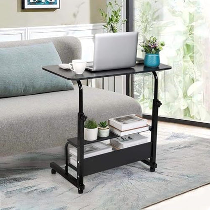 Rolling Adjustable Height Laptop Desk Black 2-Tier Storage Workstation | 28-40in Height Adjustment,Rolling Casters,2-Tier Storage Shelves,Waterproof Tabletop,Black Over Bed Home Office Desk - color: Black