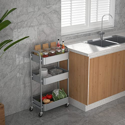 MAX Houser 3-Tier Rolling Utility Cart with Caster Wheels,Easy Assembly, for Kitchen, Bathroom (Silvery-Grey) - color: Silvery-grey, size: 3-Tier Standard Cart