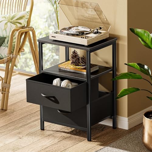 Huuger Night Stand with 2 Drawers, Bed Side Table with Open Shelf, Wooden Top, Nightstand for Bedroom, End Table for Small Space, Fabric Drawer, Black - color: Black