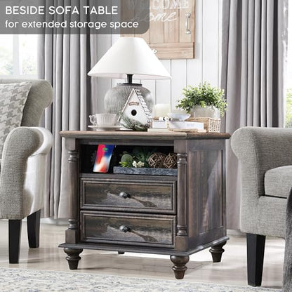 T4TREAM 24" Farmhouse Nightstands with 2 Drawers, Dark Rustic Oak | 4 Solid Wood Feet, Charging Station, Tall Rustic Wood Square, Sofa Side Table, Living Room, Bedroom - color: Dark Rustic Oak