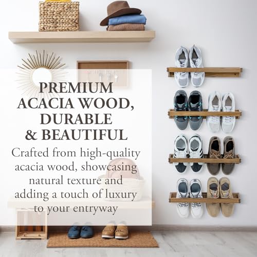 MyGift Set of 4 Premium Acacia Wood Wall Hanging Shoe Rack, Wall Mounted Space Saving Footwear Storage System for Closet, Mudroom, Entryway, Holds 8 Pairs - color: Acacia Wood