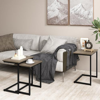 Giantex Nesting Coffee Table Set of 3, Stackable Square End Table w/Wood Grain Tabletop & Heavy-Duty Metal Frame, Farmhouse C-Shaped Accent Table for Small Space, Living Room, Bedroom (Black Oak) - color: Black Oak
