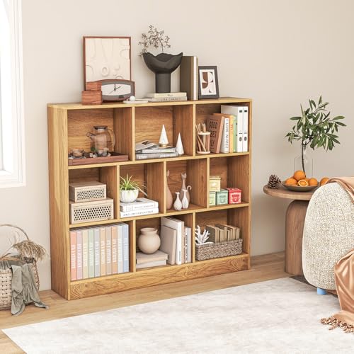 10 Cubes Book Shelf, 3 Shelf Bookcase Cabinet with 10 Compartments, Strong Base and Closed Back, Open Shelf Storage Organizer Bookshelf for Living Room, Bedroom, Office & Hallway (Natural) - color: Natural