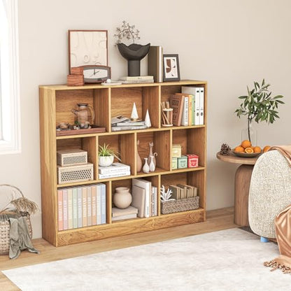10 Cubes Book Shelf, 3 Shelf Bookcase Cabinet with 10 Compartments, Strong Base and Closed Back, Open Shelf Storage Organizer Bookshelf for Living Room, Bedroom, Office & Hallway (Natural) - color: Natural