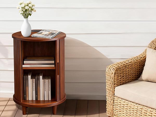 DHH Round End Table with Storage & Charging Station, Fluted Accent Side Table with Sliding Door & Adjustable Shelf, Mid-Century Nightstand for Small Spaces, Living Room, Bedroom (1, Walnut) - color: Walnut