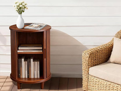 DHH Round End Table with Storage & Charging Station, Fluted Accent Side Table with Sliding Door & Adjustable Shelf, Mid-Century Nightstand for Small Spaces, Living Room, Bedroom (1, Walnut) - color: Walnut