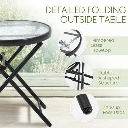 Folding Outdoor Side Table -Patio End Bistro Tables Portable Small 17.5" Round Tempered Glass Top Waterproof Dining Coffee Metal Black - color: Transparent-round