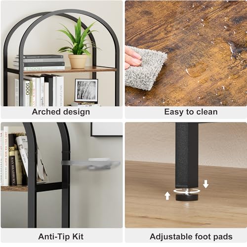 Homhedy 5-Tier Arched Bookshelf, Display Racks, Tall Book Shelf, 62.2" H | Wood and Metal Bookcase, Industrial Display Standing Shelf Unit, for Home, Office, Living Room, Bedroom, Rustic Brown - size: 5 Tier -23.6"W