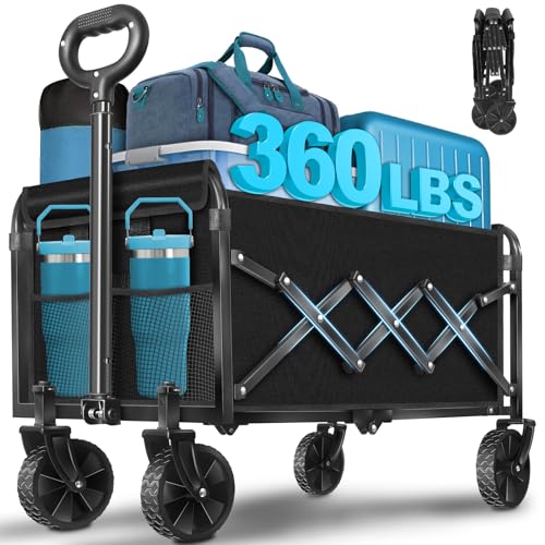 Collapsible Wagon Cart with Wheels Foldable: 360LBS Heavy Duty Folding Utility Wagon - Portable All Terrain Grocery Wagon Cart for Groceries Shopping Outdoor Camping Fishing Sports (Dark Black) - color: Black-360bl