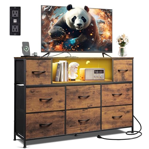 WLIVE Dresser TV Stand for 45, 50, 55 inch TV, Entertainment Center with LED Lights & Charging Station, Chest of Drawers with 8 Fabric Drawers and Open Shelves for Living Room, Hallway, Rustic Brown - color: Rustic Brown