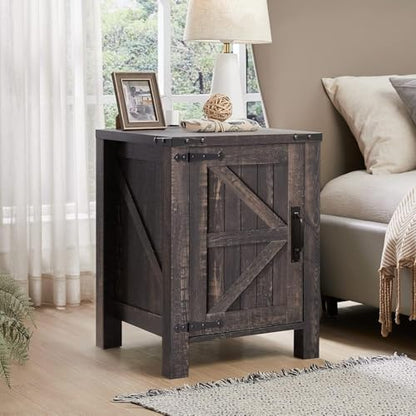 OKD 18" Farmhouse End Table Set of 2, Dark Rustic Oak | Rustic Nightstand, Charging Station, Barn Door, Adjustable Storage Shelf, Wood Sofa Side Table, Living Room, Bedroom - color: Dark Rustic Oak