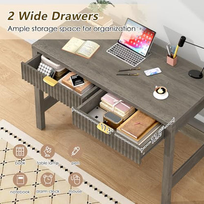 YOMILUVE Fluted Computer Desk with 2 Drawers, 39 Inch Small Computer Desk with Storage, Compact Writing Study Desk for Small Spaces, Gray - color: Grey