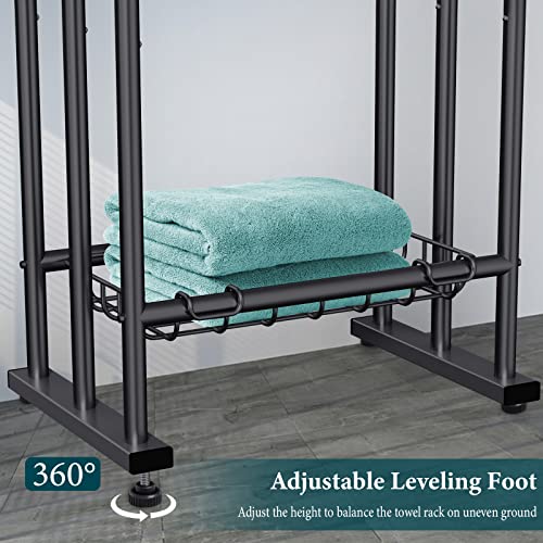 Kayfia 40'' Freestanding 3 Tier Alloy Steel Towel Rack with Storage Basket | Dual-Use Drying & Display Rack, Holds Oversized Bath Towels & Blankets, Fits Bathroom, Tub, Shower, Poolside, Black - color: Black