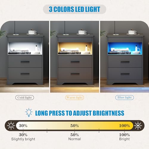 LED Night Stand with Gun Drawer, Bedside Table with Charger Station & Human Sensor Light, Modern End Table with Drawers for Bedroom Office, Grey - color: Dark Grey