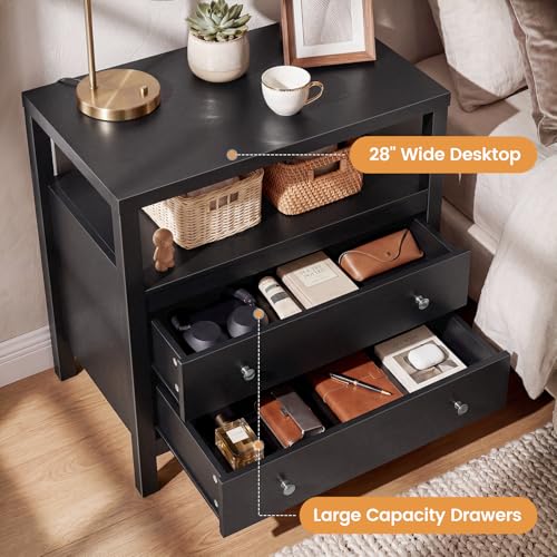 28 Inch Wide Night Stand, Black Nightstand with 2 Drawers and Open Shelf | Bedside Table Storage End Tables for Bedroom Study Office, Modern Solid Wood Dresser with Zinnc Alloy Pulls