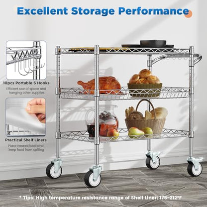Leteuke 3 Tier Rolling Carts with Wheels, Heavy Duty Rolling Utility Cart | NSF Commercial Grade Metal Cart with Handle&Shelf Liner,Trolley Serving Cart for Kitchen,Restaurant,Plant Display,Chrome - color: Matte Chrome