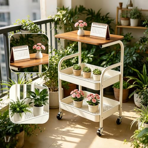 3 Tier Rolling Cart with Walnut Table Top, Sturdy Metal Storage Cart with Lockable Wheels, Multi-Purpose Mobile Shelf for Kitchen, Bedroom, Snacks, Coffee, Craft, Makeup, Garage (White) - color: White