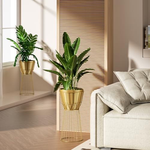 Metal Plant Stand with Pot, 12", Gold | Height 27", Tall Decorative Holder, Indoor Use, Modern Flower Potted Rack, Corner Display
