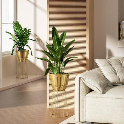 Metal Plant Stand with Pot, 12", Gold | Height 27", Tall Decorative Holder, Indoor Use, Modern Flower Potted Rack, Corner Display