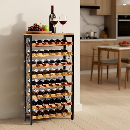 VEVOR 48 Bottle Wine Rack,8-Tier Iron Wine Bottle Holder with Wood Table Top,Freestanding Floor Display Wine Storage Shelves,for Kitchen Pantry, Cellar, Bar, Dining Room,26''L X 9.3''W X 46.9''H - size: 48 Bottles