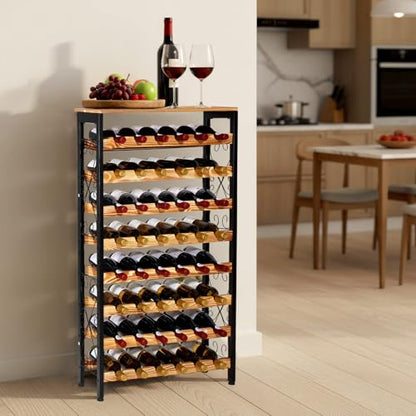 VEVOR 48 Bottle Wine Rack,8-Tier Iron Wine Bottle Holder with Wood Table Top,Freestanding Floor Display Wine Storage Shelves,for Kitchen Pantry, Cellar, Bar, Dining Room,26''L X 9.3''W X 46.9''H - size: 48 Bottles