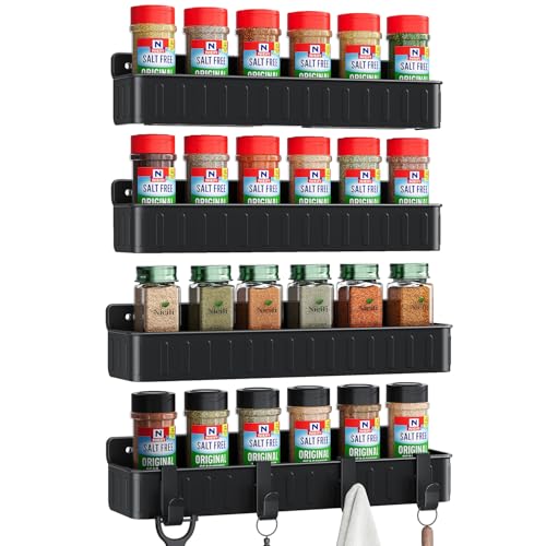 Nieifi Spice Rack Wall Mount, 4 Pack, Black, 2 Inch Depth, Screw or Adhesive Installation, Spice Rack Organizer for Small Spice Jars, Suitable for Kitchen Cabinet or Pantry Door - color: Black