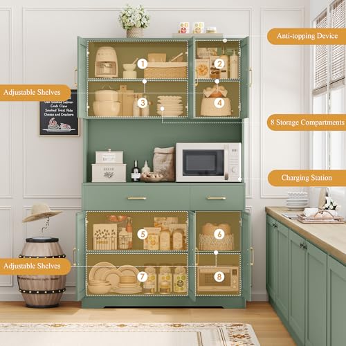 HOSTACK 71" Pantry Cabinet with Charging Station, Tall Kitchen Pantry Storage Cabinet with Microwave Stand, Farmhouse Kitchen Hutch with Storage Drawers for Living Room, Dining Room, Green - color: Green