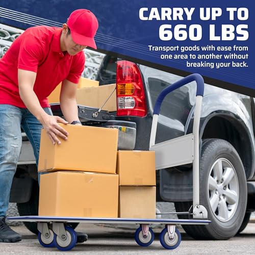 Heavy Duty Foldable Push Cart Dolly | 660 lbs. Capacity | Upgraded Collapsible Hand Truck Folding Platform with Swivel Wheels | Flat Bed Moving Wagon | Space Saving Push Handle (Blue) - color: Blue, 660 Lbs. Capacity
