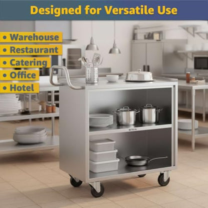 18" x 30" Stainless Steel Utility Cart with Enclosed Base and Open Front - 3 Shelf Heavy-Duty Commercial Service Cart - NSF Rolling Cart for Kitchen, Catering, Restaurant Storage - size: 3 Shelf