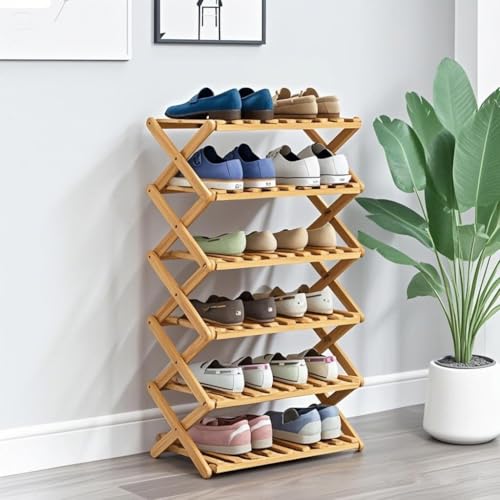 6 Tier Bamboo Shoe Rack,Portable Folding Shoe Storage Rack,Without Installation Small Shoe Rack Perfect for Corridors, Bedrooms and Small Spaces (6 Tier) - color: Natural, size: 6 Tier
